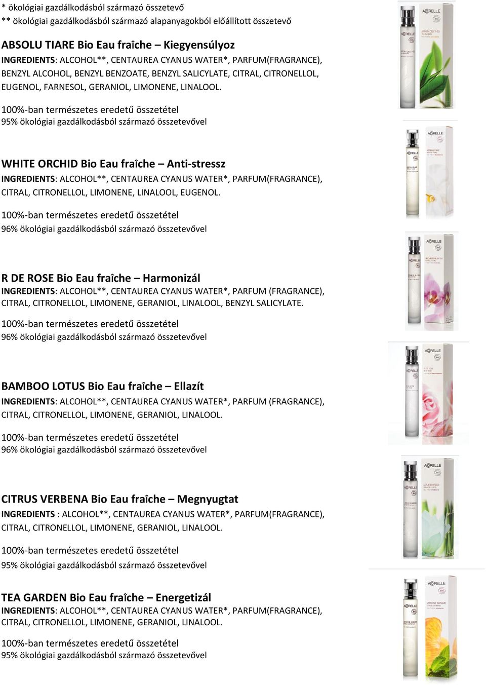 95% ökológiai gazdálkodásból származó összetevővel WHITE ORCHID Bio Eau fraîche Anti-stressz INGREDIENTS: ALCOHOL**, CENTAUREA CYANUS WATER*, PARFUM(FRAGRANCE), CITRAL, CITRONELLOL, LIMONENE,