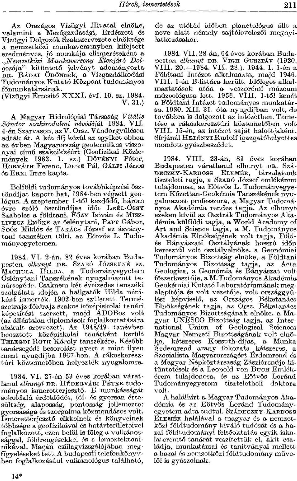 (Vízügyi Értesítő XXXI. évf. 10. sz. 1984. ë V. 31.) A Magyar Hidrológiai Társaság Vitális Sándor szakirodalmi nívódíját 1984. VII. 4-én Szarvason, az V. Orsz. Vándorgyűlésen adták át.