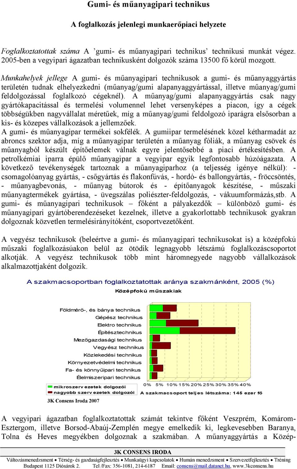 Munkahelyek jellege A gumi- és műanyagipari technikusok a gumi- és műanyaggyártás területén tudnak elhelyezkedni (műanyag/gumi alapanyaggyártással, illetve műanyag/gumi feldolgozással foglalkozó