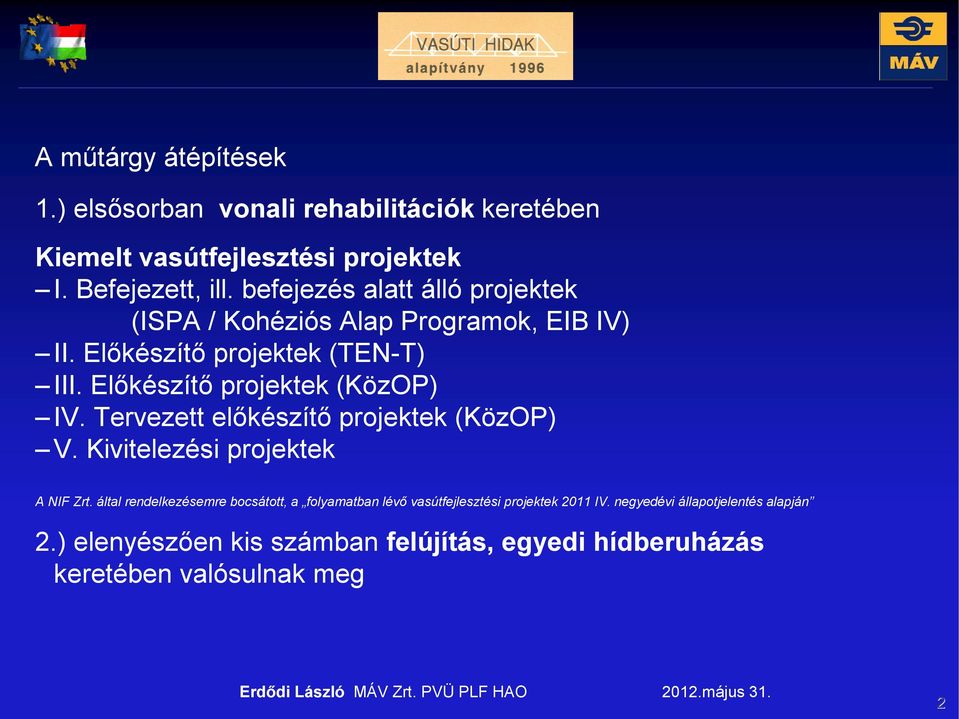 Előkészítő projektek (KözOP) IV. Tervezett előkészítő projektek (KözOP) V. Kivitelezési projektek A NIF Zrt.