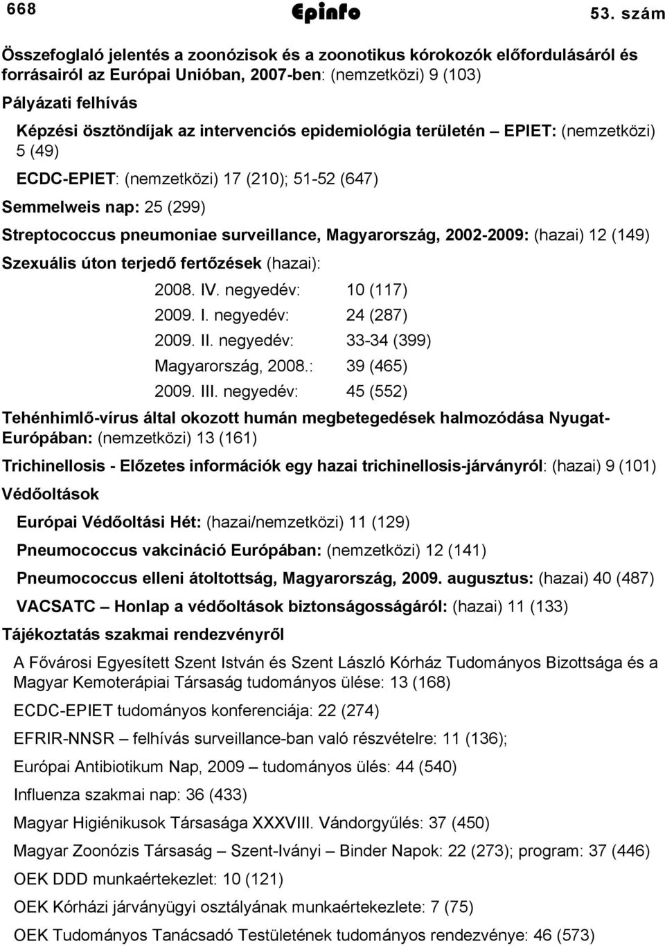 epidemiológia területén EPIET: (nemzetközi) 5 (49) ECDCEPIET: (nemzetközi) 7 (0); 55 (647) Semmelweis nap: 5 (99) Streptococcus pneumoniae surveillance, Magyarország, 00009: (hazai) (49) Szexuális