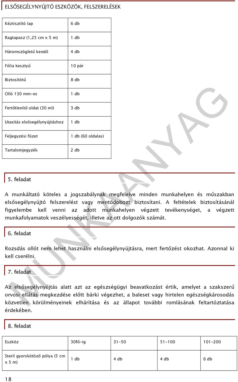 feladat 1 db 3 db 1 db 1 db (60 oldalas) 2 db A munkáltató köteles a jogszabálynak megfelelve minden munkahelyen és műszakban elsősegélynyújtó felszerelést vagy mentődobozt biztosítani.