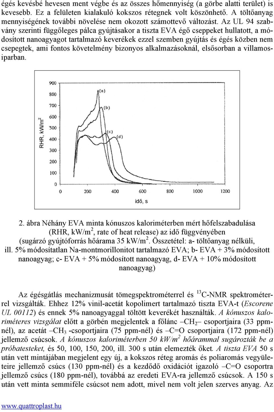 Az UL 94 szabvány szerinti függőleges pálca gyújtásakor a tiszta EVA égő cseppeket hullatott, a módosított nanoagyagot tartalmazó keverékek ezzel szemben gyújtás és égés közben nem csepegtek, ami