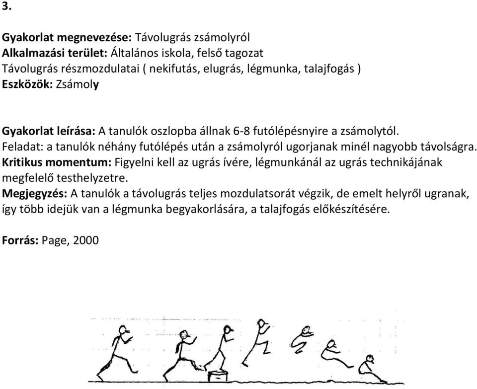 Feladat: a tanulók néhány futólépés után a zsámolyról ugorjanak minél nagyobb távolságra.