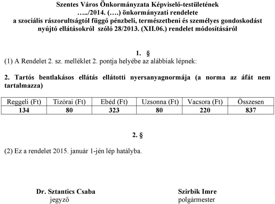 06.) rendelet módosításáról 1. (1) A Rendelet 2. sz. melléklet 2. pontja helyébe az alábbiak lépnek: 2.