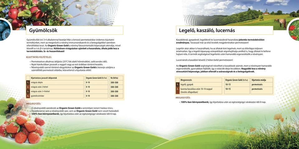 Az Organic Green Gold a növény fotoszintetizáló képességét aktiválja, mivel klorofil α-t és β-t tartalmaz. Különösen virágzáskor ajánlott a használata, általa jobb lesz a terméskötődés.