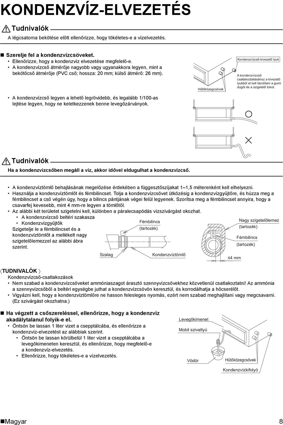 A kondenzvízcső legyen a lehető legrövidebb, és legalább 1/100-as lejtése legyen, hogy ne keletkezzenek benne levegőzárványok.