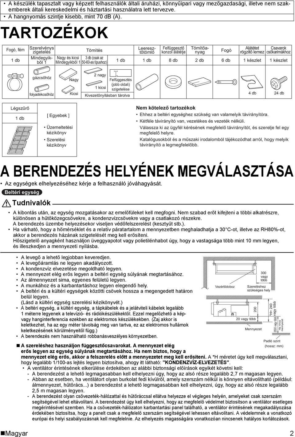 TARTOZÉKOK Fogó, fém 1 db Leeresztőtömlő Szerelvénys zigetelés Tömítés Mindegyikből Nagy és kicsi 3 db (csak az 1 Mindegyikből 1 50-60-as típushoz) 1 db Tömítőanyag 1 db Felfüggesztő konzol alátétje