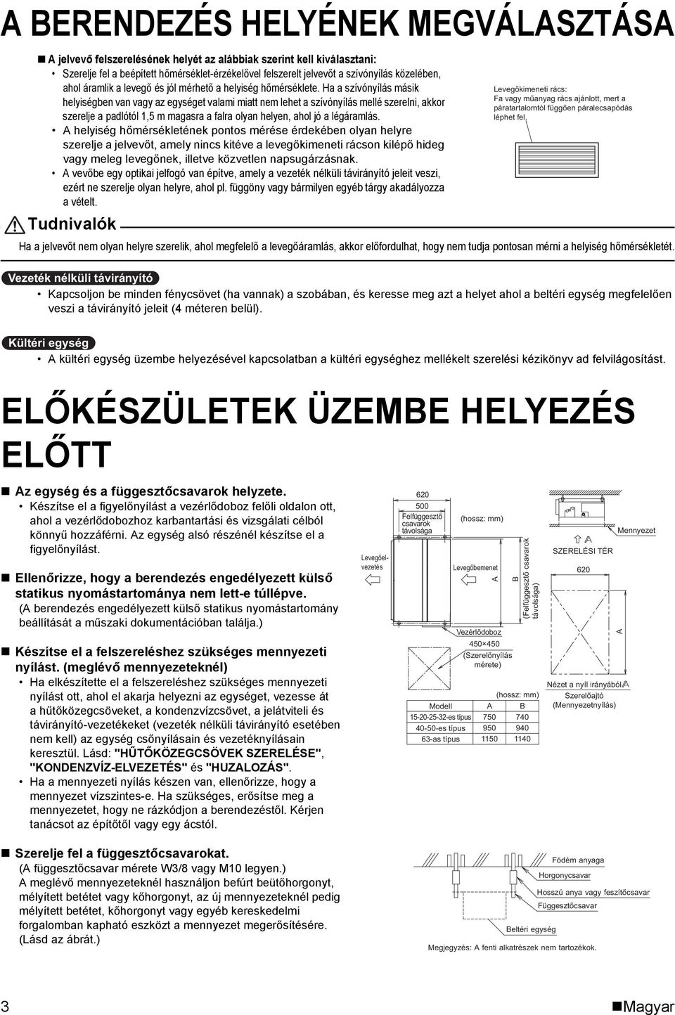 Ha a szívónyílás másik helyiségben van vagy az egységet valami miatt nem lehet a szívónyílás mellé szerelni, akkor szerelje a padlótól 1,5 m magasra a falra olyan helyen, ahol jó a légáramlás.