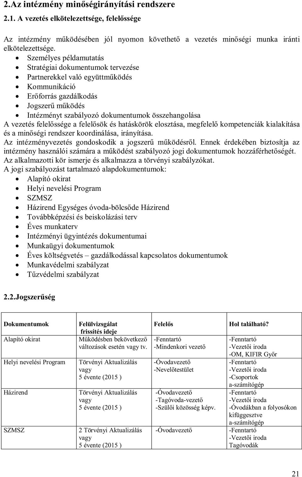 vezetés felelőssége a felelősök és hatáskörök elosztása, megfelelő kompetenciák kialakítása és a minőségi rendszer koordinálása, irányítása. Az intézményvezetés gondoskodik a jogszerű működésről.
