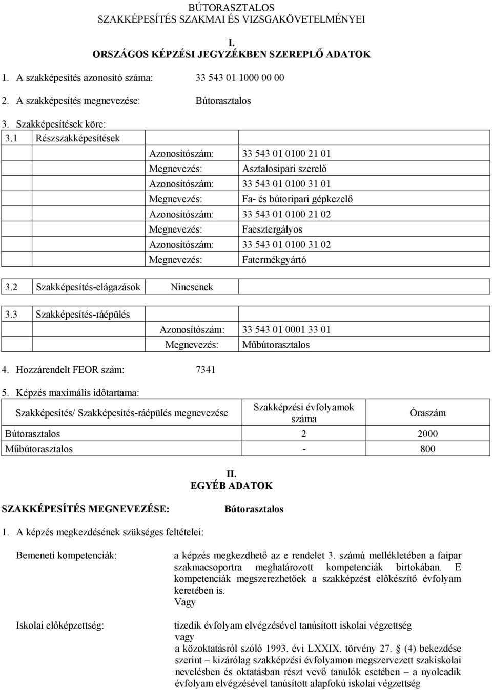 1 Részszakképesítések Azonosítószám: 33 543 01 0100 21 01 Megnevezés: Asztalosipari szerelő Azonosítószám: 33 543 01 0100 31 01 Megnevezés: Fa- és bútoripari gépkezelő Azonosítószám: 33 543 01 0100