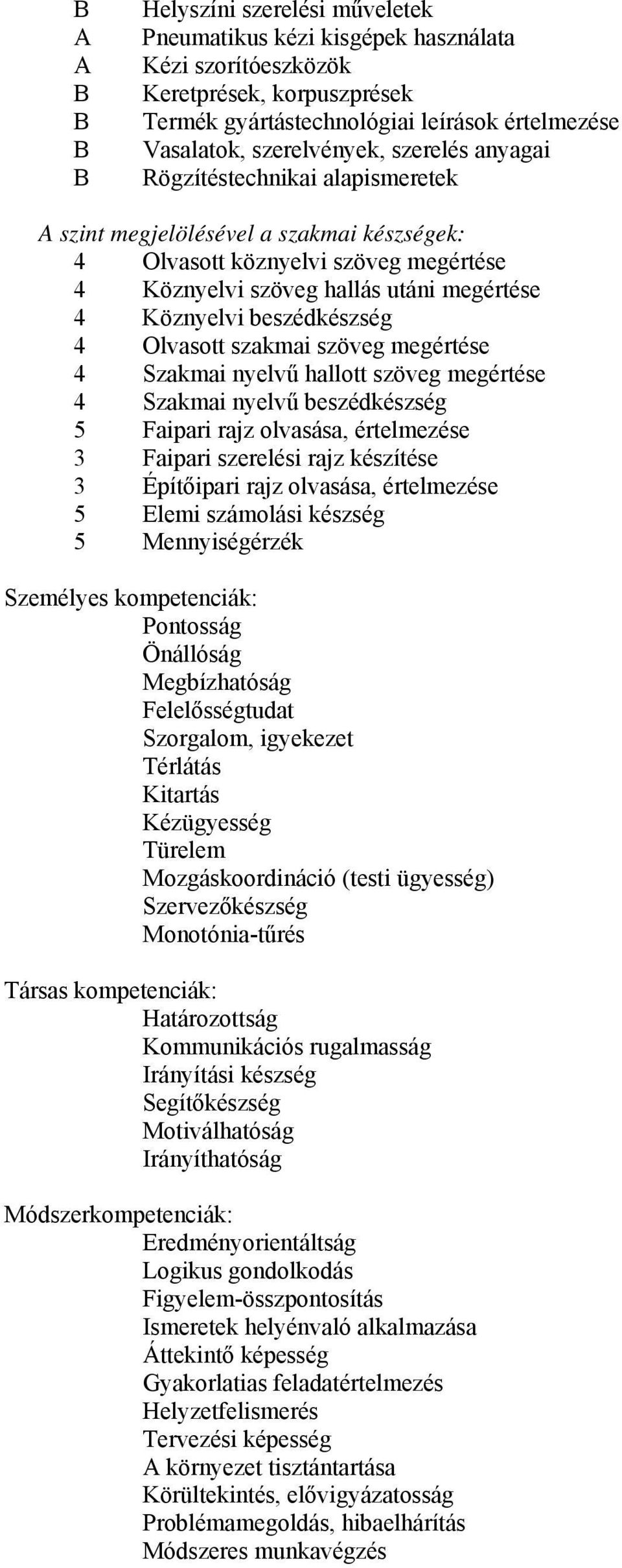beszédkészség 4 Olvasott szakmai szöveg megértése 4 Szakmai nyelvű hallott szöveg megértése 4 Szakmai nyelvű beszédkészség 5 Faipari rajz olvasása, értelmezése 3 Faipari szerelési rajz készítése 3