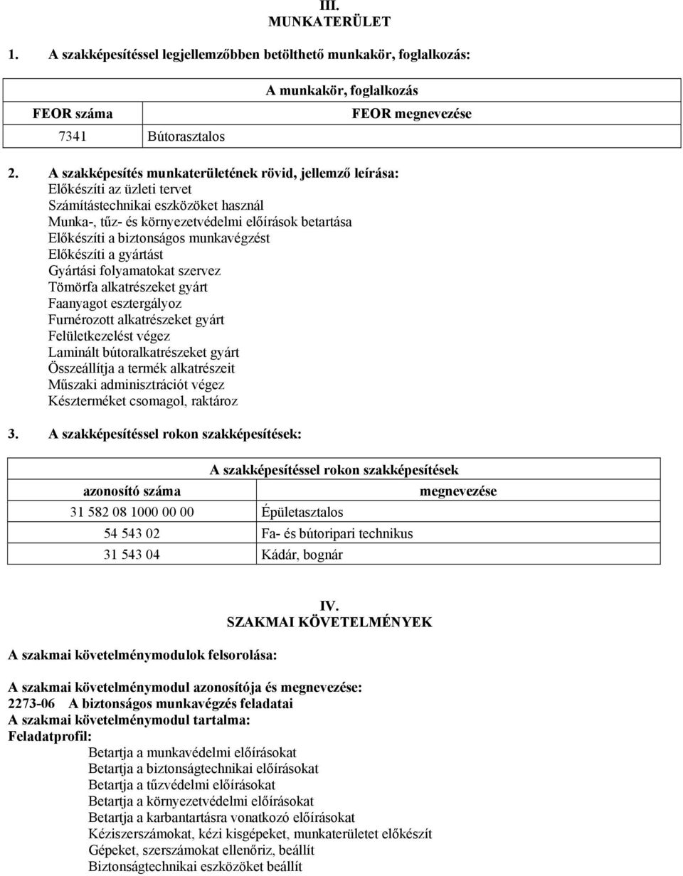 biztonságos munkavégzést Előkészíti a gyártást Gyártási folyamatokat szervez Tömörfa alkatrészeket gyárt Faanyagot esztergályoz Furnérozott alkatrészeket gyárt Felületkezelést végez Laminált