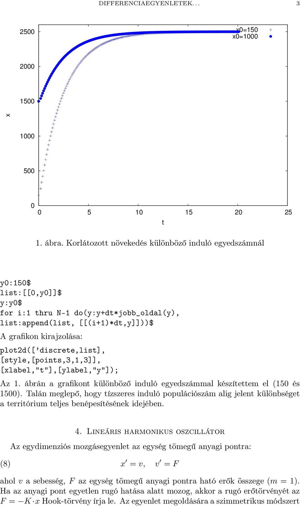 discrete,list], [style,[points,3,1,3]], [xlabel,"t"],[ylabel,"y"]); Az 1. ábrán a grafikont különböző induló egyedszámmal készítettem el (150 és 1500).