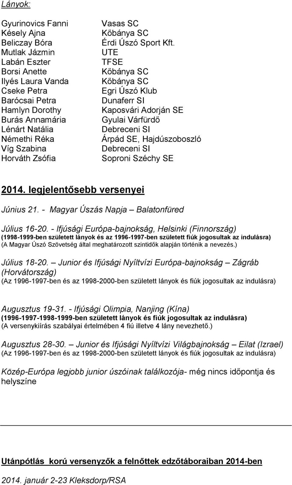 legjelentősebb versenyei Június 21. - Magyar Úszás Napja Balatonfüred Július 16-20.