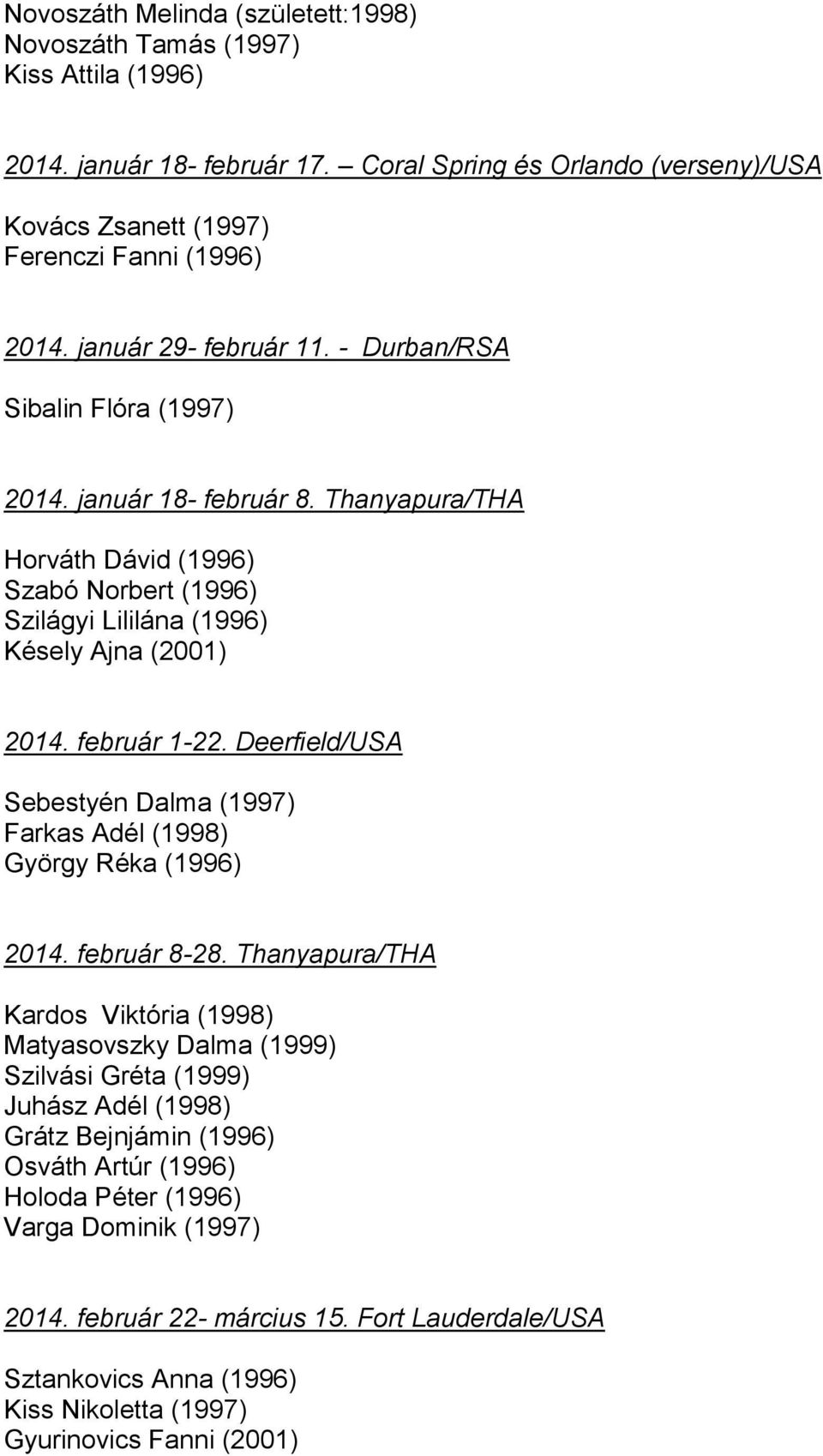 február 1-22. Deerfield/USA Sebestyén Dalma (1997) Farkas Adél (1998) György Réka (1996) 2014. február 8-28.