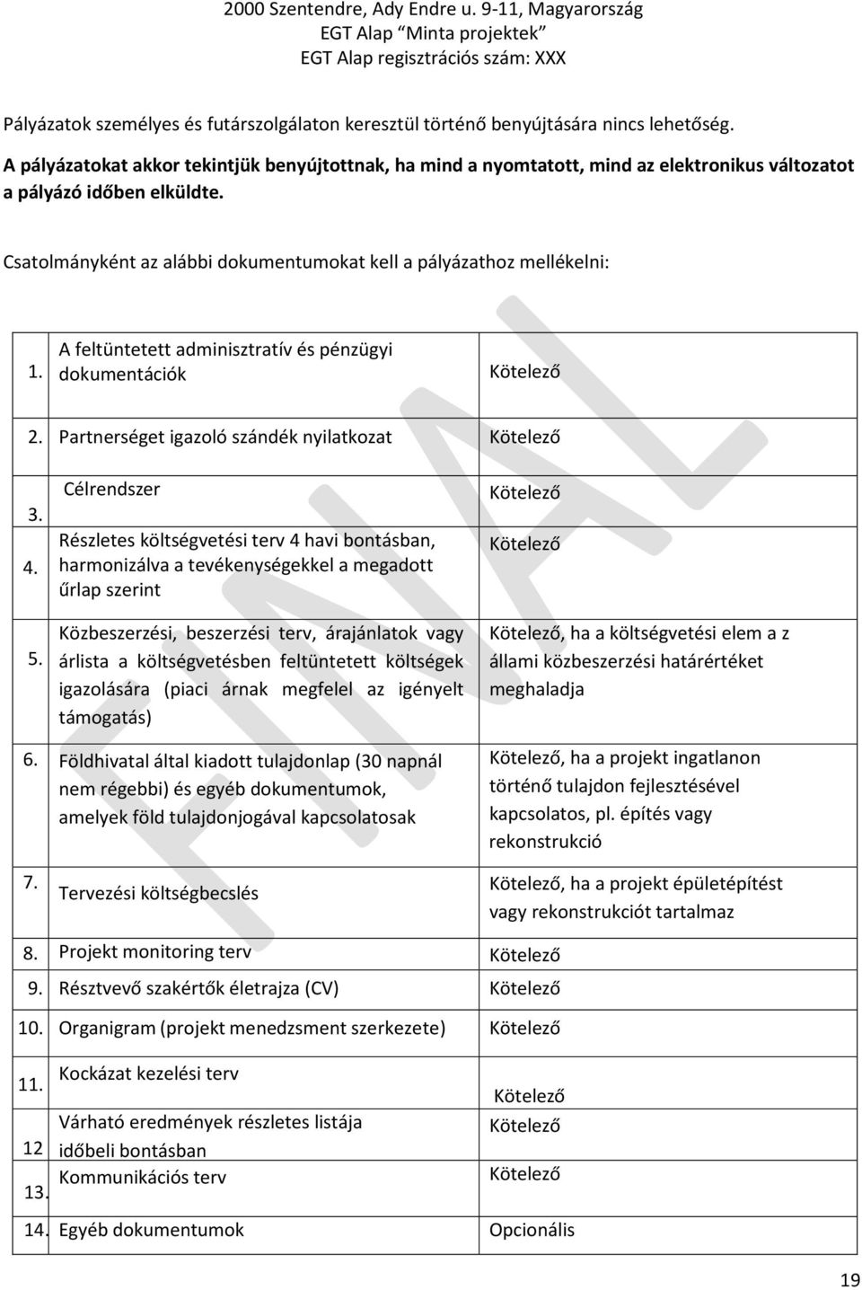 A feltüntetett adminisztratív és pénzügyi dokumentációk Kötelező 2. Partnerséget igazoló szándék nyilatkozat Kötelező 3. 4. 5.
