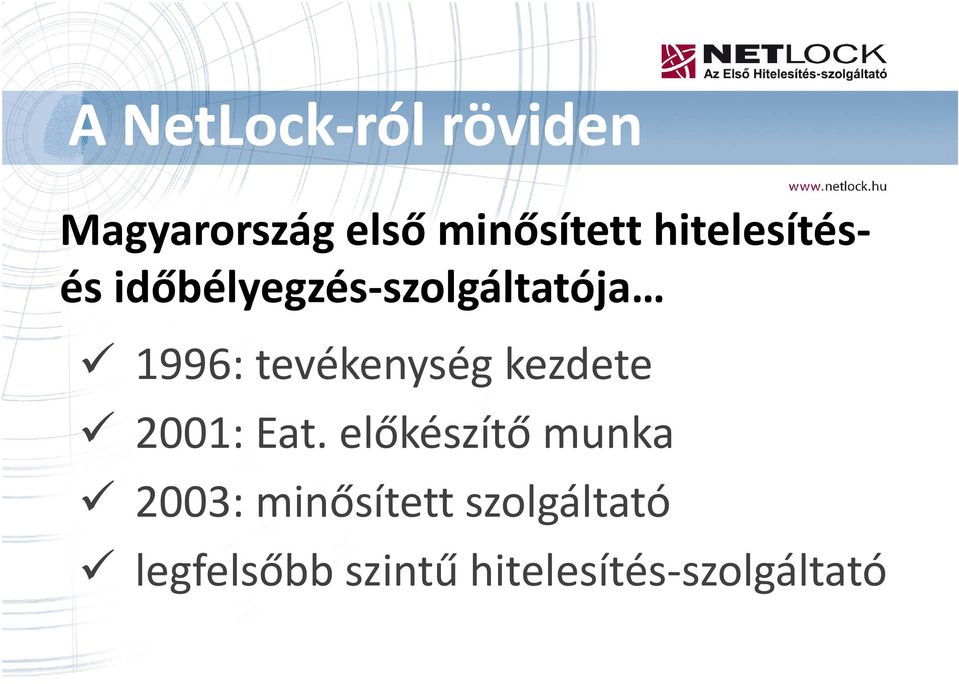 1996: tevékenység kezdete 2001: Eat.