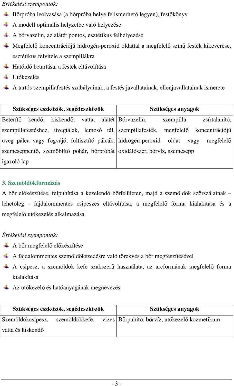 szempillafestés szabályainak, a festés javallatainak, ellenjavallatainak ismerete Beterítő kendő, kiskendő, vatta, alátét szempillafestéshez, üvegtálak, lemosó tál, üveg pálca vagy fogvájó,