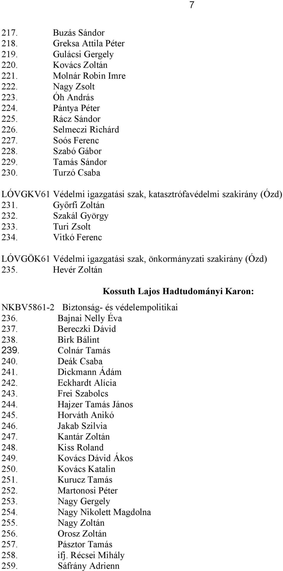 Vitkó Ferenc LÓVGÖK61 Védelmi igazgatási szak, önkormányzati szakirány (Ózd) 235. Hevér Zoltán Kossuth Lajos Hadtudományi Karon: NKBV5861-2 Biztonság- és védelempolitikai 236. Bajnai Nelly Éva 237.