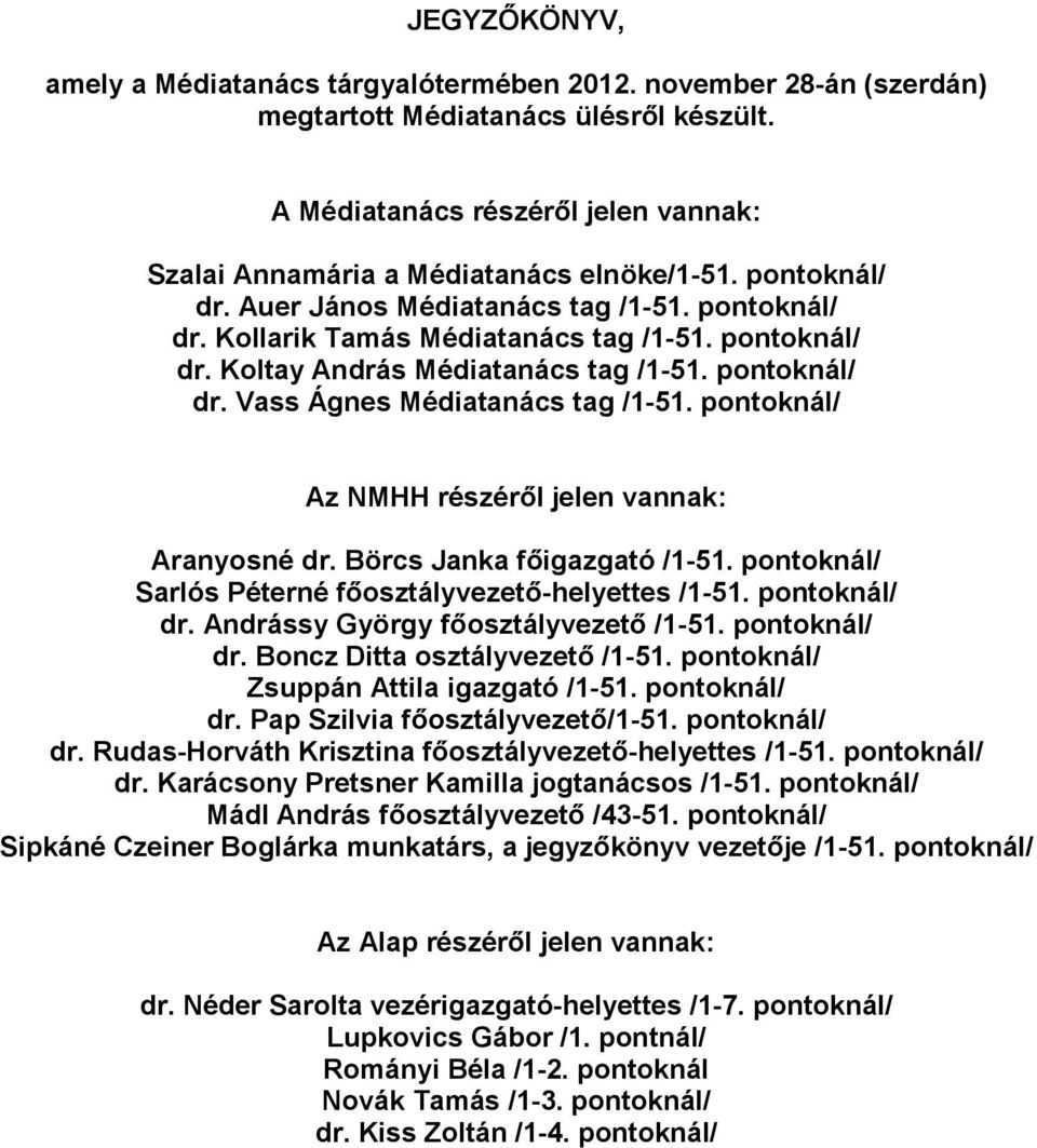 pontoknál/ dr. Vass Ágnes Médiatanács tag /1-51. pontoknál/ Az NMHH részéről jelen vannak: Aranyosné dr. Börcs Janka főigazgató /1-51. pontoknál/ Sarlós Péterné főosztályvezető-helyettes /1-51.