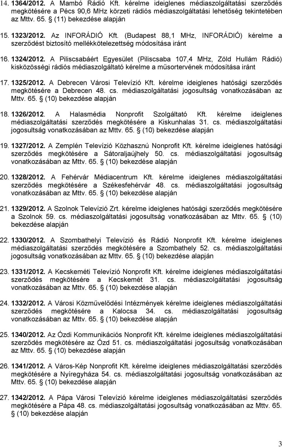 A Piliscsabáért Egyesület (Piliscsaba 107,4 MHz, Zöld Hullám Rádió) kisközösségi rádiós médiaszolgáltató kérelme a műsortervének módosítása iránt 17. 1325/2012. A Debrecen Városi Televízió Kft.