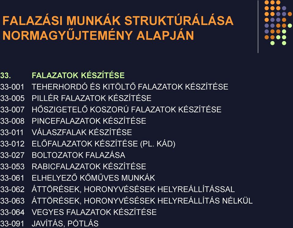 KÉSZÍTÉSE 33-008 PINCEFALAZATOK KÉSZÍTÉSE 33-011 VÁLASZFALAK KÉSZÍTÉSE 33-012 ELŐFALAZATOK KÉSZÍTÉSE (PL.