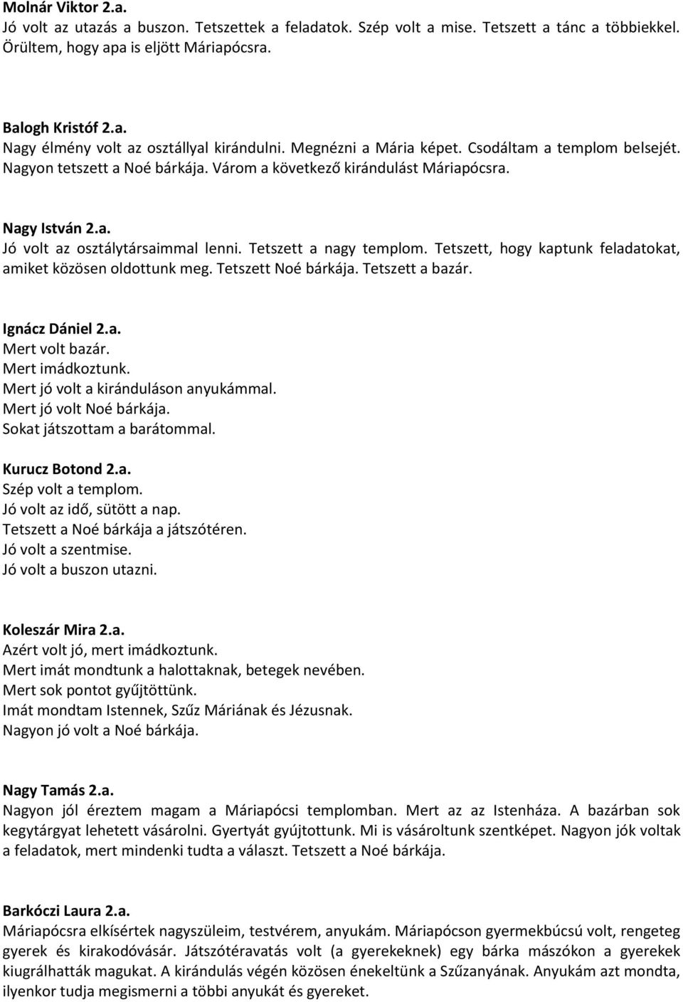 Tetszett a nagy templom. Tetszett, hogy kaptunk feladatokat, amiket közösen oldottunk meg. Tetszett Noé bárkája. Tetszett a bazár. Ignácz Dániel 2.a. Mert volt bazár. Mert imádkoztunk.