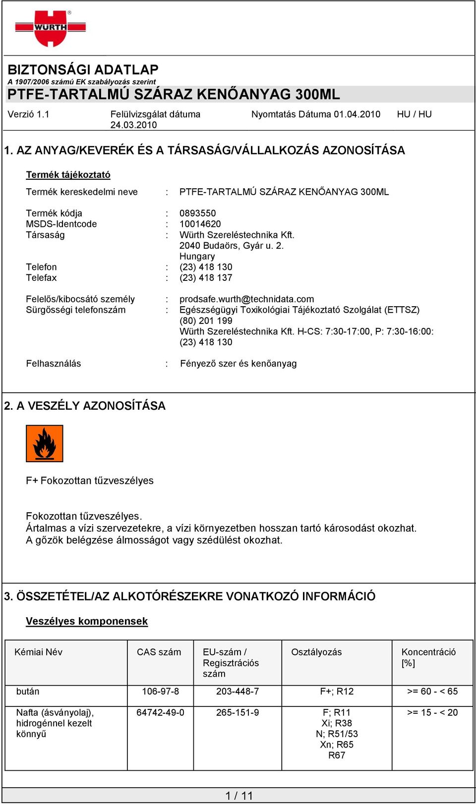 com Sürgősségi telefonszám : Egészségügyi Toxikológiai Tájékoztató Szolgálat (ETTSZ) (80) 201 199 Würth Szereléstechnika Kft.