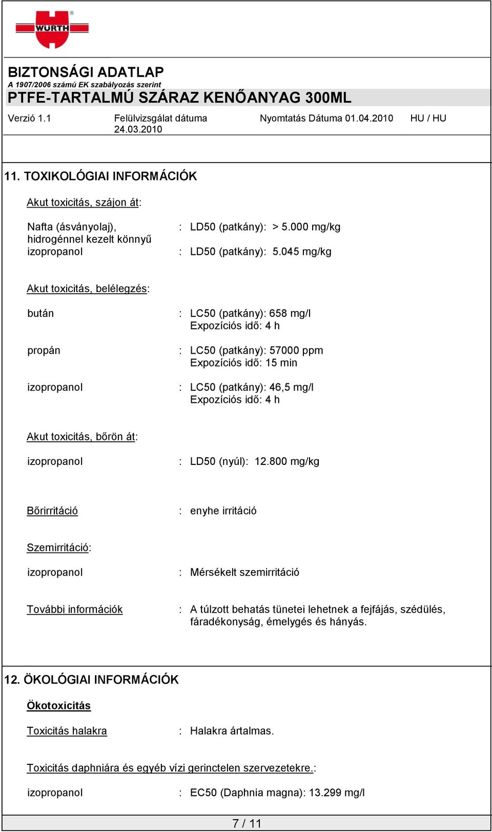 idő: 4 h Akut toxicitás, bőrön át: izopropanol : LD50 (nyúl): 12.