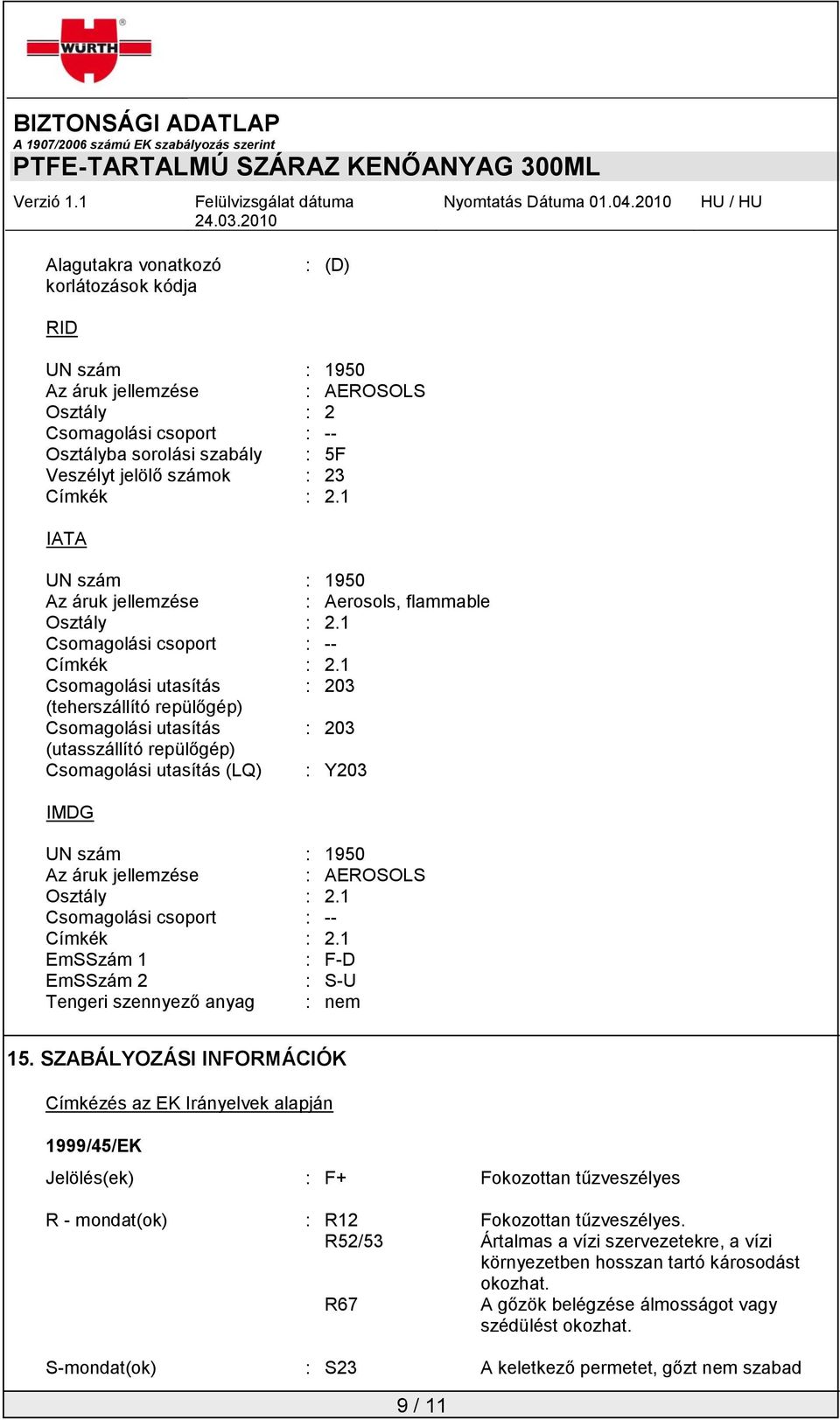1 Csomagolási utasítás : 203 (teherszállító repülőgép) Csomagolási utasítás : 203 (utasszállító repülőgép) Csomagolási utasítás (LQ) : Y203 IMDG UN szám : 1950 Az áruk jellemzése : AEROSOLS Osztály :