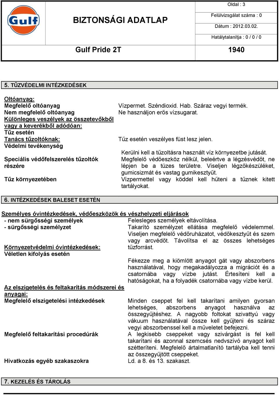 Speciális védőfelszerelés tűzoltók részére Tűz környezetében Vízpermet. Széndioxid. Hab. Száraz vegyi termék. Ne használjon erős vízsugarat. Tűz esetén veszélyes füst lesz jelen.