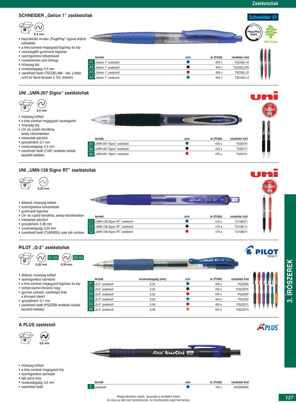 oldalon) A1 Gelion 1 zseléstoll 600 c TSCGEL1K A2 Gelion 1 zseléstoll 600 c TSCGEL1FK A3 Gelion 1 zseléstoll 600 c TSCGEL1P A4 Gelion 1 zseléstoll 600 c TSCGEL1Z UNI UMN-207 Signo zseléstollak 0,4 mm