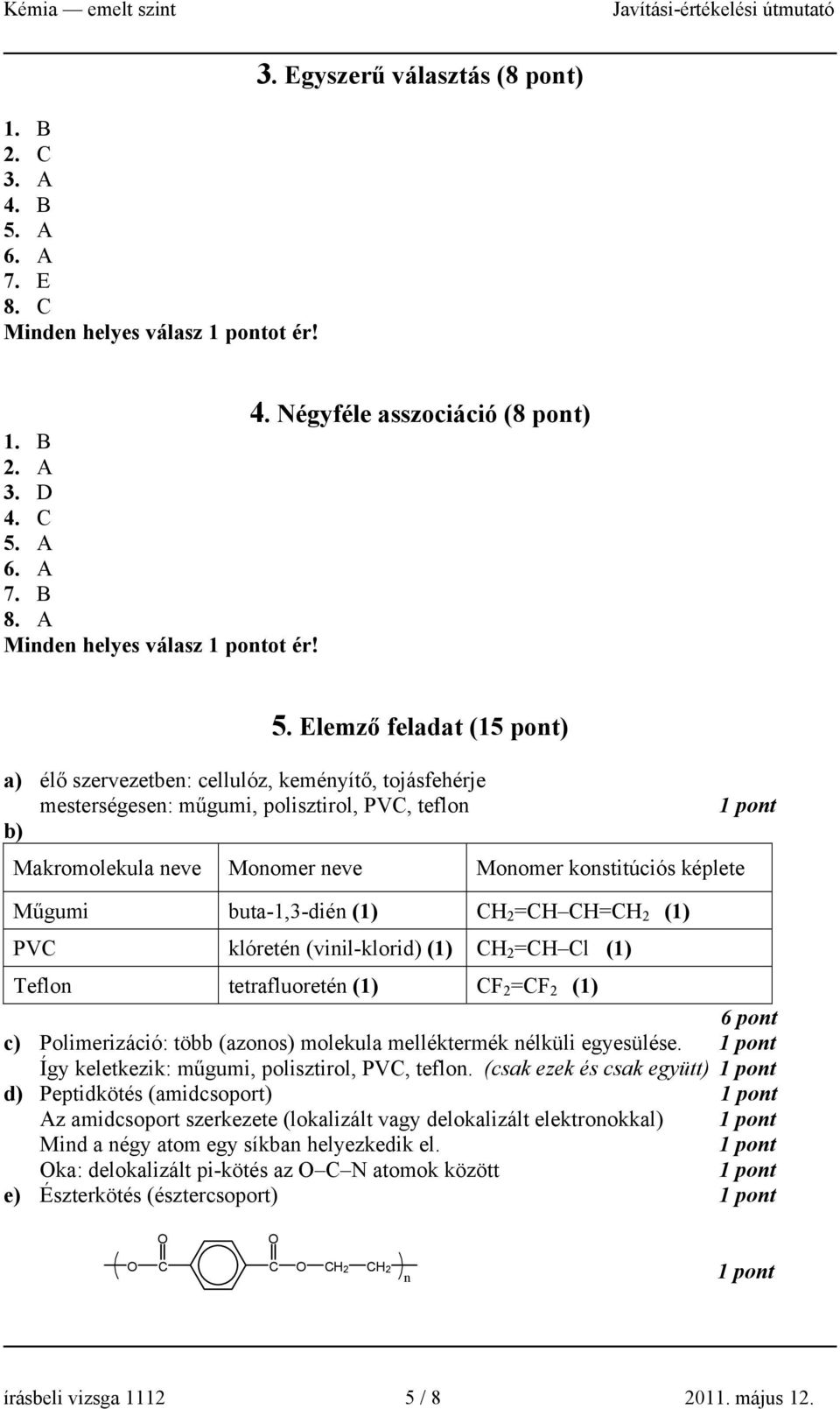 Műgumi buta-1,3-dién (1) CH 2 =CH CH=CH 2 (1) PVC klóretén (vinil-klorid) (1) CH 2 =CH Cl (1) Teflon tetrafluoretén (1) CF 2 =CF 2 (1) 6 pont c) Polimerizáció: több (azonos) molekula melléktermék