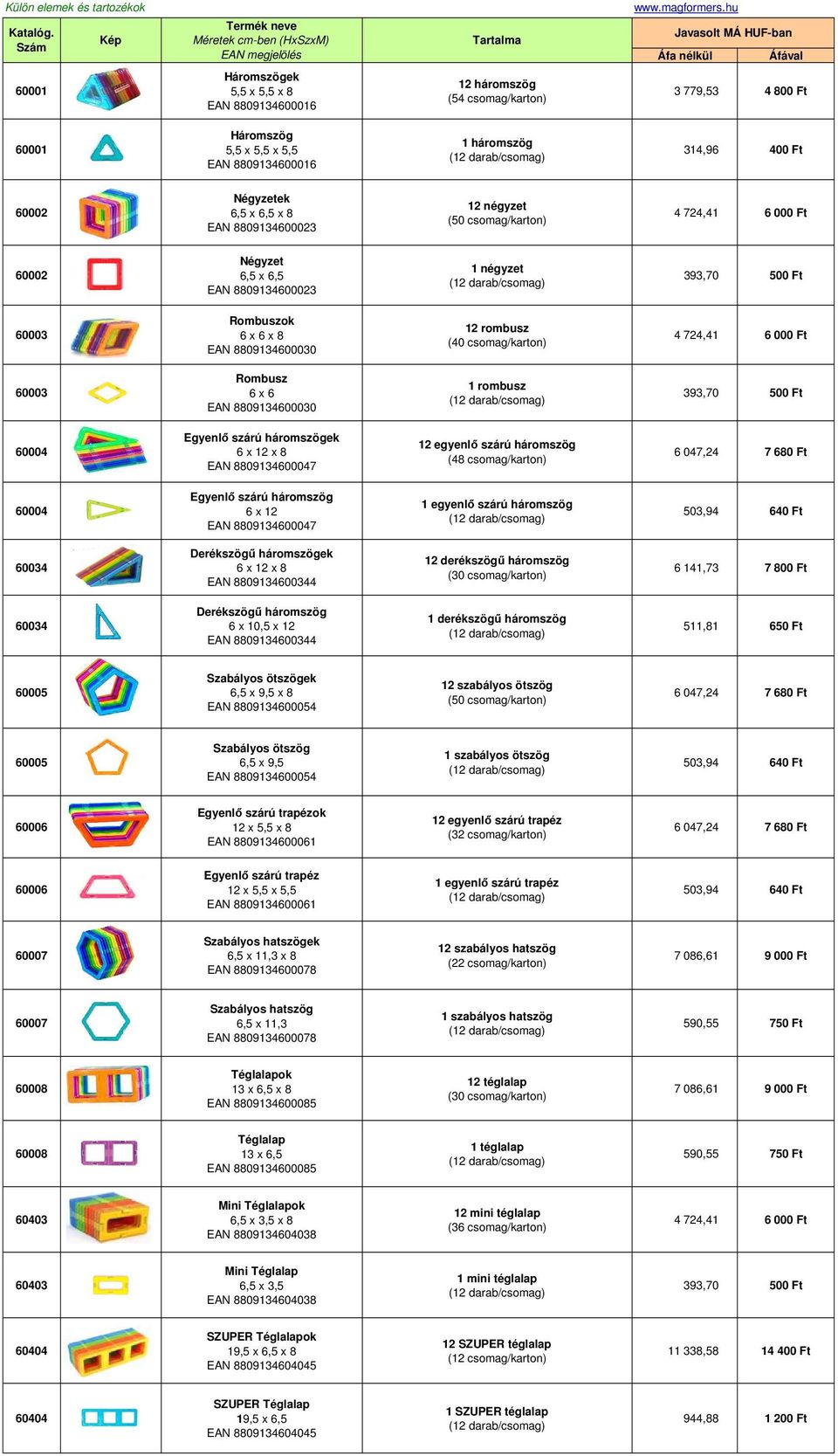 EAN 8809134600023 12 négyzet (50 csomag/karton) 60002 Négyzet EAN 8809134600023 1 négyzet 60003 Rombuszok 6 x 6 x 8 EAN 8809134600030 12 rombusz (40 csomag/karton) 60003 Rombusz 6 x 6 EAN