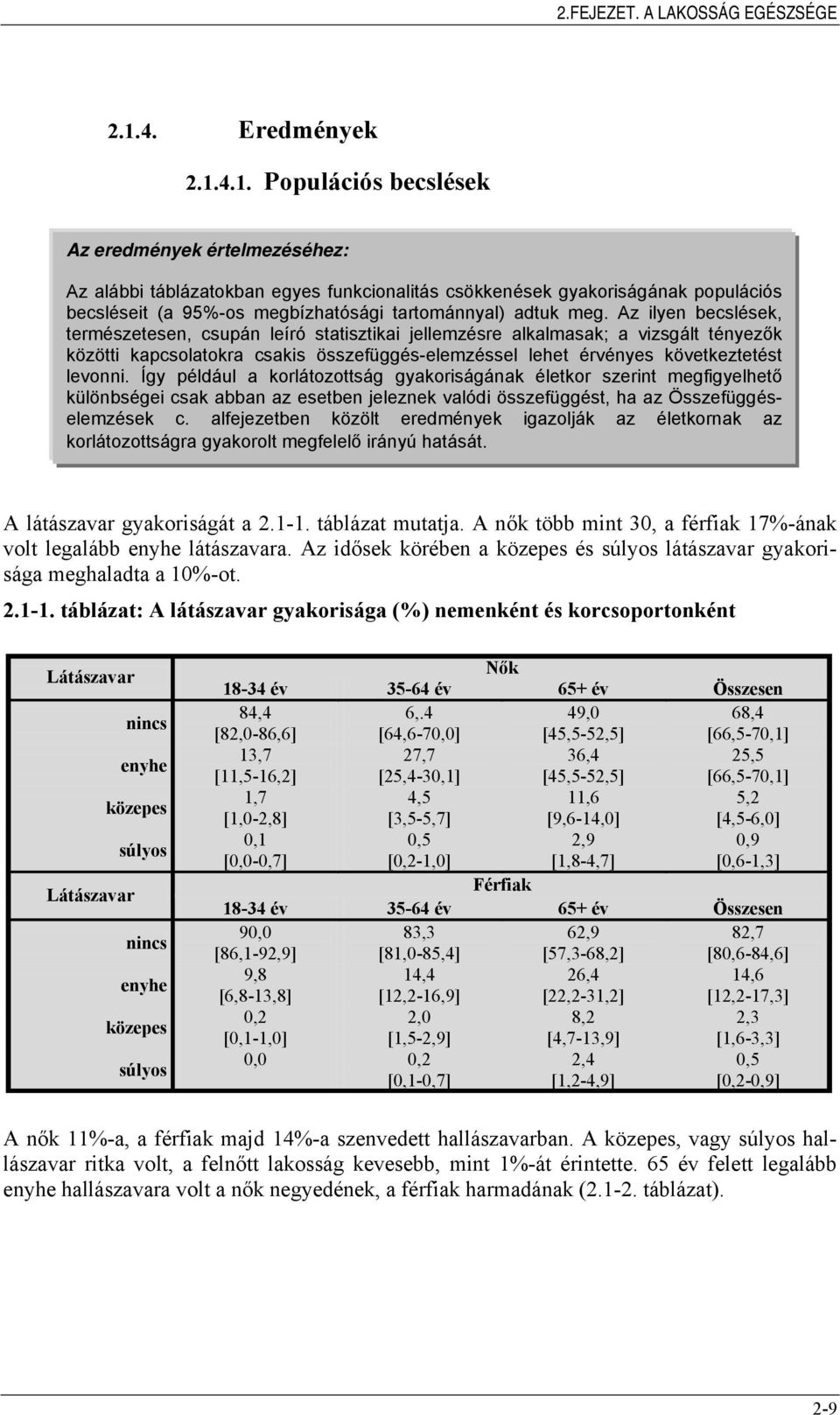4.1. Populációs becslések Az eredmények értelmezéséhez: Az alábbi táblázatokban egyes funkcionalitás csökkenések gyakoriságának populációs becsléseit (a 95%-os megbízhatósági tartománnyal) adtuk meg.