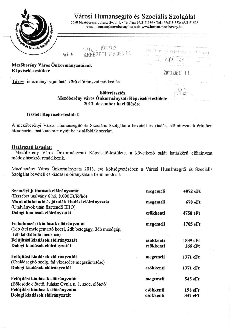 Eloterjesztes Mezőberény város Önkormányzati Képviselő-testülete 2013.