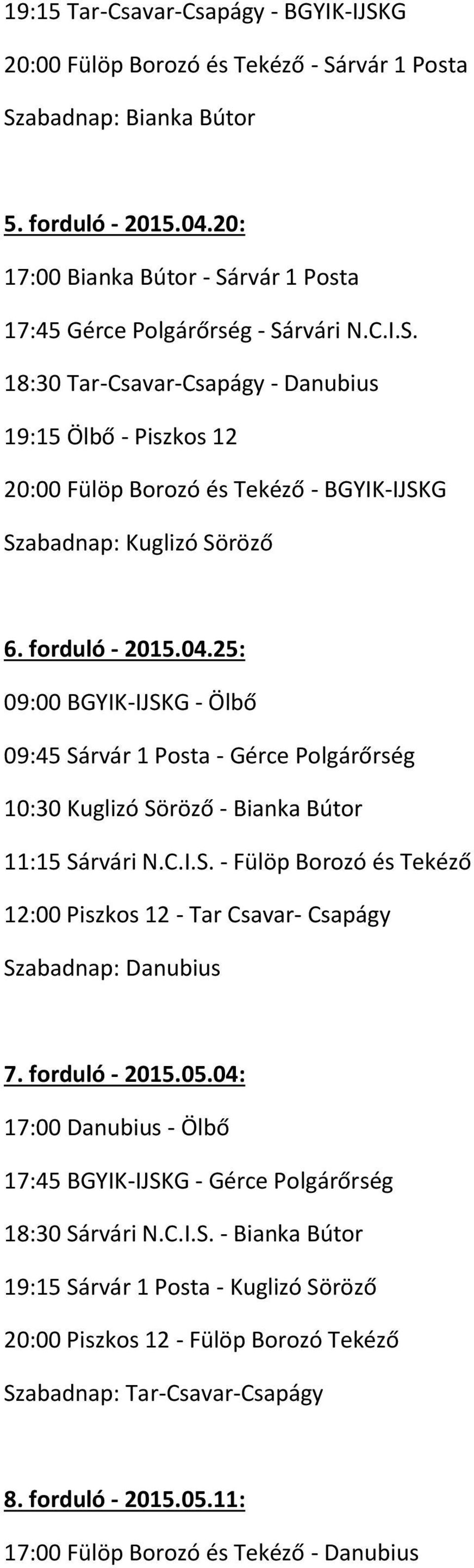 forduló - 2015.04.25: 09:00 BGYIK-IJSKG - Ölbő 09:45 Sárvár 1 Posta - Gérce Polgárőrség 10:30 Kuglizó Söröző - Bianka Bútor 11:15 Sárvári N.C.I.S. - Fülöp Borozó és Tekéző 12:00 Piszkos 12 - Tar Csavar- Csapágy Szabadnap: Danubius 7.