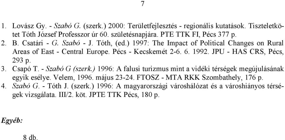 6. 1992. JPU - HAS CRS, Pécs, 293 p. 3. Csapó T. - Szabó G (szerk.) 1996: A falusi turizmus mint a vidéki térségek megújulásának egyik esélye. Velem, 1996. május 23-24.