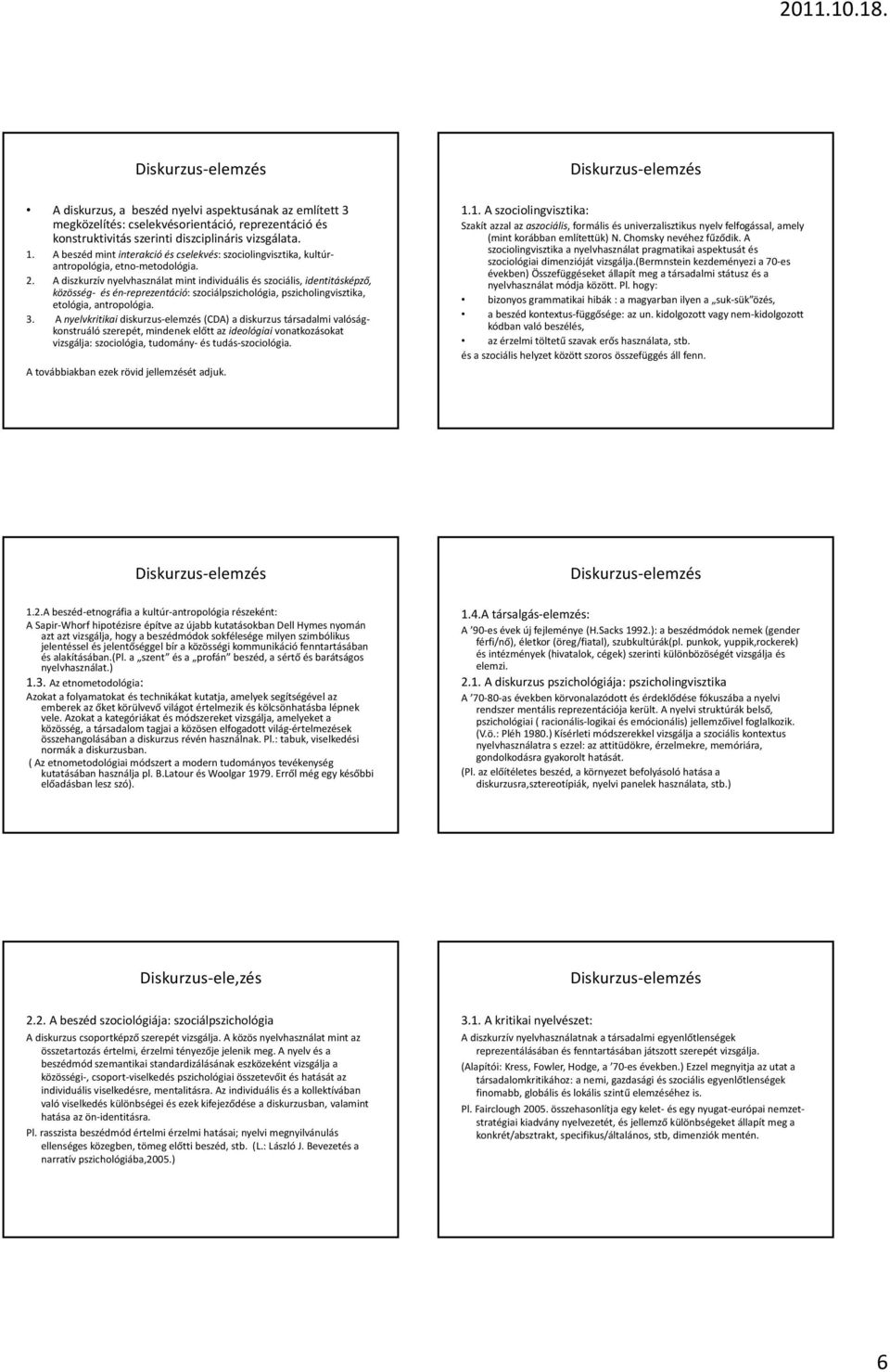 A diszkurzív nyelvhasználat mint individuális és szociális, identitásképző, közösség és én reprezentáció: szociálpszichológia, pszicholingvisztika, etológia, antropológia. 3.