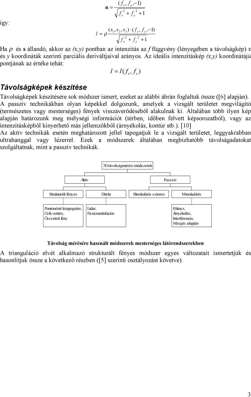 A ideális intenitáskép x,y koordinátájú pontjának a értéke tehát: I = I f x, f y Távolságképek késítése Távolságképek késítésére sok módser ismert, eeket a alábbi ábrán foglaltuk össe [6] alapján.