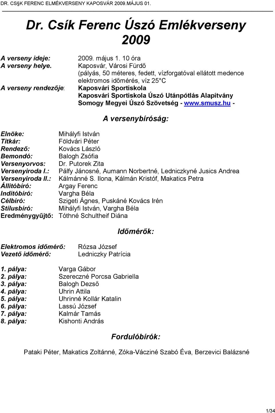 Megyei Úszó Szövetség - www.smusz.hu - A versenybíróság: Elnöke: Mihályfi István Titkár: Földvári Péter Rendező: Kovács László Bemondó: Balogh Zsófia Versenyorvos: Dr. Putorek Zita Versenyiroda I.