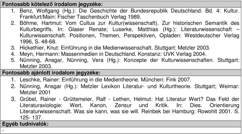 Positionen, Themen, Perspektiven, Opladen: Westdeutscher Verlag 1996, S. 48-68. 3. Hickethier, Knut: Einführung in die Medienwissenschaft. Stuttgart: Metzler 2003. 4. Meyn, Hermann: Massenmedien in Deutschland.