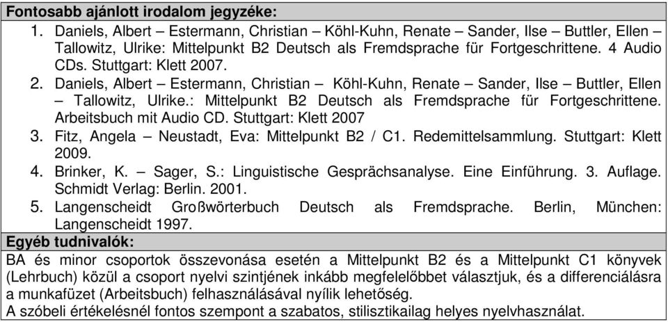 Arbeitsbuch mit Audio CD. Stuttgart: Klett 2007 3. Fitz, Angela Neustadt, Eva: Mittelpunkt B2 / C1. Redemittelsammlung. Stuttgart: Klett 2009. 4. Brinker, K. Sager, S.: Linguistische Gesprächsanalyse.