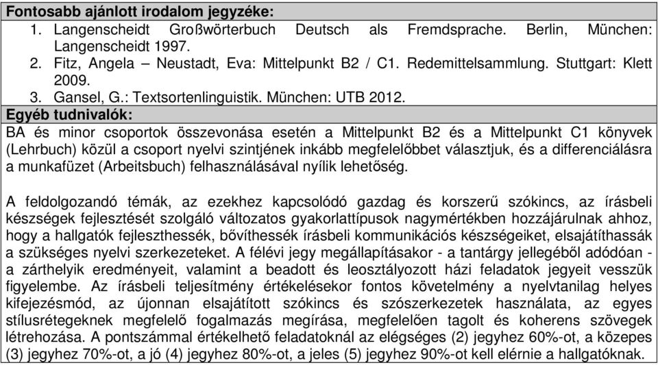 BA és minor csoportok összevonása esetén a Mittelpunkt B2 és a Mittelpunkt C1 könyvek (Lehrbuch) közül a csoport nyelvi szintjének inkább megfelelőbbet választjuk, és a differenciálásra a munkafüzet
