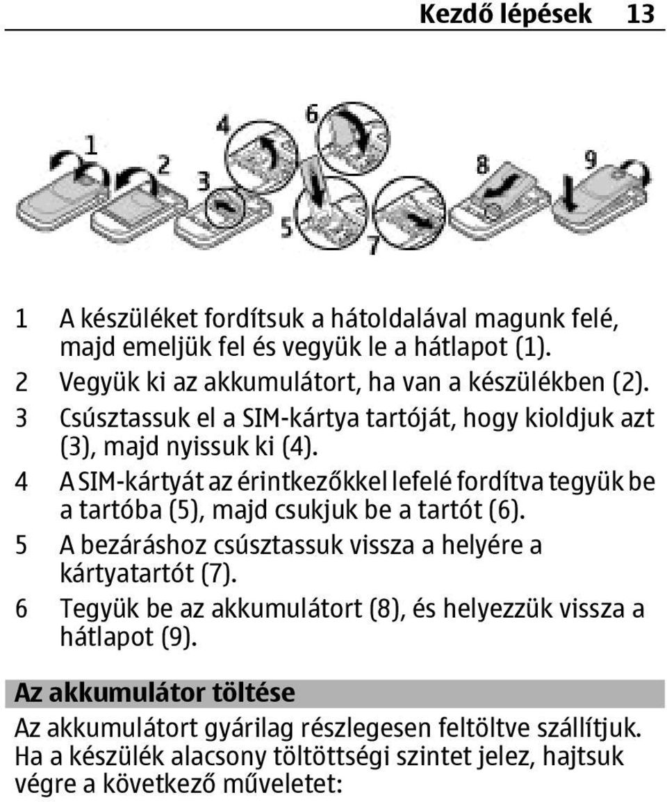4 A SIM-kártyát az érintkezőkkel lefelé fordítva tegyük be a tartóba (5), majd csukjuk be a tartót (6).