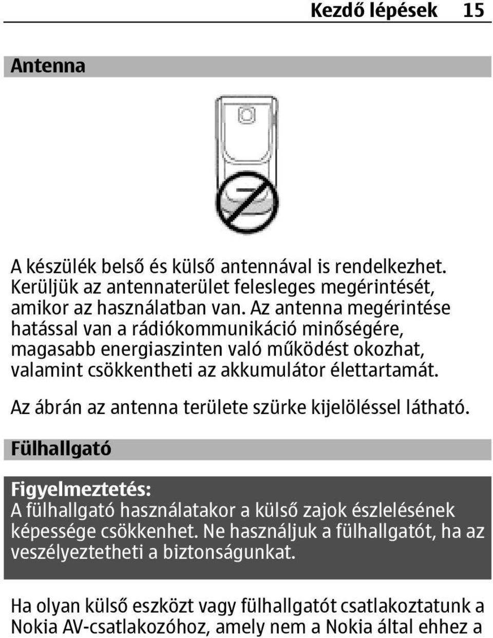 Az ábrán az antenna területe szürke kijelöléssel látható. Fülhallgató Figyelmeztetés: A fülhallgató használatakor a külső zajok észlelésének képessége csökkenhet.