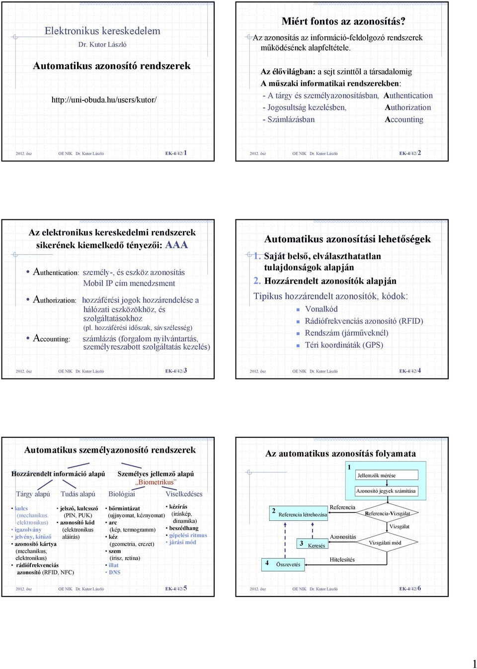 Az élővilágban: a sejt szinttől a társadalomig A műszaki informatikai rendszerekben: - A tárgy és személyazonosításban, Authentication - Jogosultság kezelésben, Authorization - Számlázásban