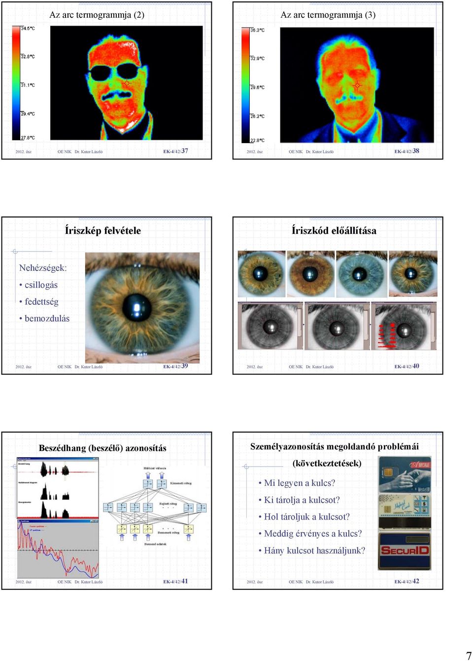 Kutor László EK-4/42/38 Íriszkép felvétele Íriszkód előállítása Nehézségek: csillogás fedettség bemozdulás 2012. ősz OE NIK Dr.