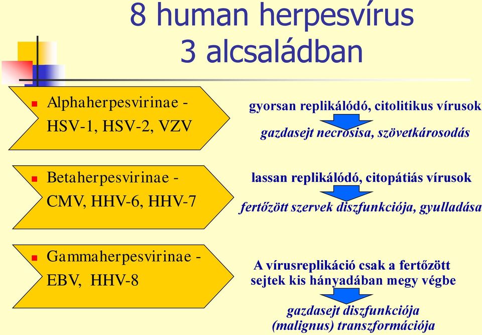 citopátiás vírusok fertőzött szervek diszfunkciója, gyulladása Gammaherpesvirinae - EBV, HHV-8 A